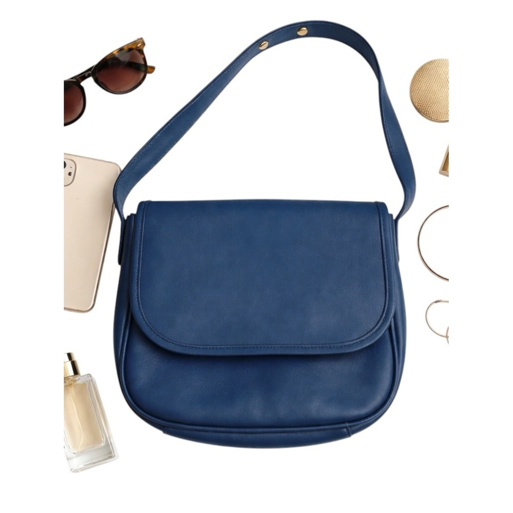 Ganson Navy Blue Leather Vintage Crossbody Flap Bag Adjustable Strap Classic EUC